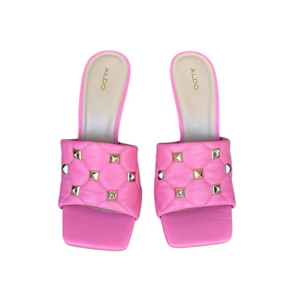 Aldo Saesa Pink Studded Square Toe Leather Heeled Sandals - Picture 4 of 10
